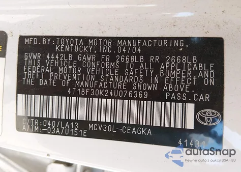2004 Toyota Camry Xle V6 from USA, damaged, VIN 4T1BF30K24U076369